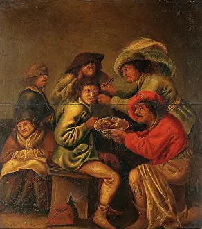 Extraction Prints: An operator extracting pierres de tete from behind a man's ear, with four other people