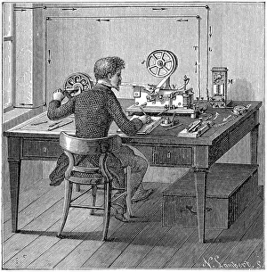 Electricity Prints: Operator receiving a message in Morse code on an electric printing telegraph, 1887