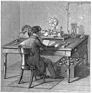 Electricity Prints: Operator sending a message on a Morse electric printing telegraph, 1887