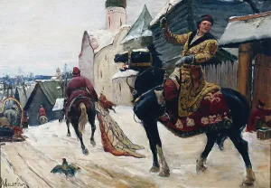 Ivan Prints: Oprichniks in Novgorod, early 20th century. Creator: Mikhail Ivanovich Avilov
