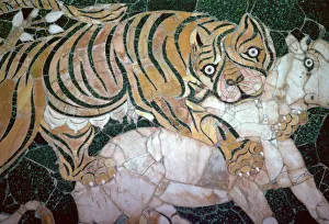 Striped Prints: Opus sectile mosaic of a tiger seizing a calf, 4th century