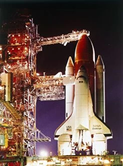 John F Kennedy Space Center Collection: Orbiter Challenger on launch pad, Kennedy Space Center, Merritt Island, Florida, USA, 1980s