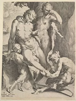 Bartholomeus Gallery: Oreads Removing a Thorn from a Satyrs Foot, 1590. Creators: Bartholomeus Spranger