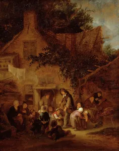 Clothes Line Prints: The Organ-Grinder Outside a Cottage, 1640. Creator: Adriaen van Ostade