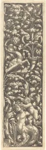 Trippenmecker Prints: Ornament with a Child on the Back of a Sphinx, 1535. Creator: Heinrich Aldegrever