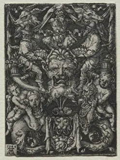 Ornament Design with a Mask, A Couple of Tritons, and Two Children Below, 1549. Creator