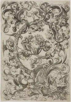 Chick Prints: Ornament with Owl Mocked by Day Birds, c.1480. Creator: Master FVB
