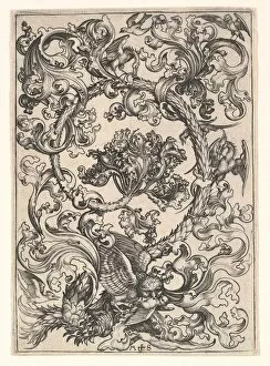 Schongauer Collection: Ornament with Owl Mocked by Day Birds, ca. 1435-1491. Creator: Martin Schongauer