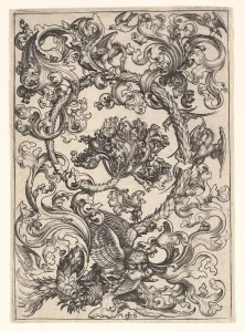 Schongauer Martin Prints: Ornament with Owl Mocked by Day Birds, ca. 1435-1491. Creator: Martin Schongauer