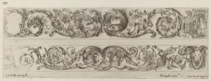 Vine Leaves Prints: Two Ornamental Bands with Facing Heads of Lion and Eagle, and Two Rams, probably 1648