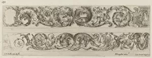 Two Ornamental Bands with Facing Heads of Lion and Eagle, and Two Rams, probably 1648