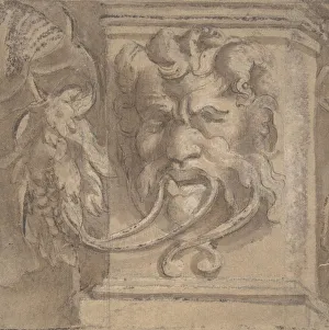 Over Black Chalk Prints: Ornamental Design with Antique-style Mask, 1550-1600. Creator: Anon