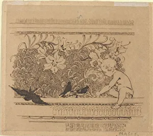 Pen And Brown Ink Prints: Ornamental Design with Birds and Lily, c.1900. Creator: Karel Vitezslav Masek