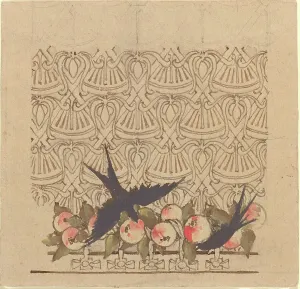 Pecking Prints: Ornamental design with two birds pecking at fruit, c.1890s. Creator: Karel Vitezslav Masek
