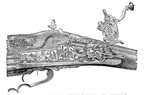 Ballistics Prints: Ornamented wheel-lock musket (Munich, 17th century), (1881). Creator: Unknown