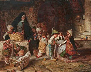 Homeless Prints: In the orphanage. Young nun distributes toy figures and apples to the children