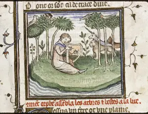 Book Art Prints: Orpheus enchants trees and animals with his harp playing