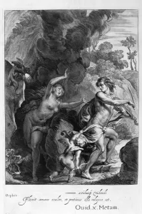 Orpheus, leading Eurydice out of Hell, looks back upon her and loses her forever, 1655. Artist: Michel de Marolles