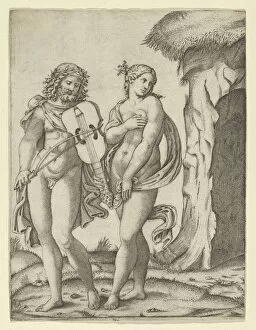 Orpheus standing at left playing the violin, Eurydice at right covering herself , ca. ..., ca. 1509