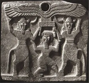 Babylonia Prints: Orthostates depicting Gilgamesh between two minotaur demigods holding up the sun disc