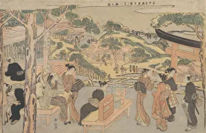 Images Dated 29th September 2020: Osen of the Kagiya Teahouse at Kasamori Shrine with a View of Nippori in Yanaka, ca. 1768