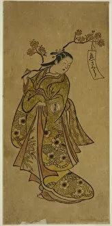 Hand Coloured Woodblock Print Gallery: Oshichi Carrying a Blossoming Cherry Branch, c. 1727 / 30. Creator: Okumura Toshinobu