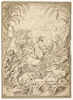 Pen And Ink Drawing Collection: Ostrich Hunt, n.d. Creators: Charles Parrocel, Carle van Loo, Joseph Francois Parrocel