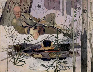 An Ostyak resting in the forest near a fire, Selkups, 1920. Creator: A. G. Vargin