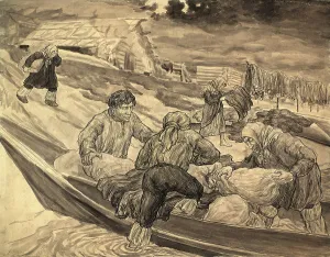 Ostyatsky village on the Vakh River - Unloading the boat, 1928. Creator: Dmitrii Innokent'evich Karatanov