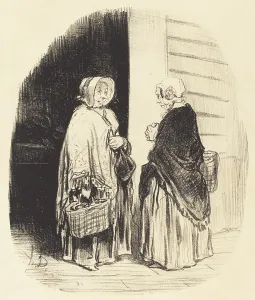 Shawl Prints: Oui, madame Chaboulard... vingt-quatre epiciers... [recto], 1850. Creator: Honore Daumier