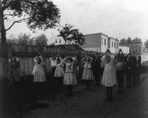 Physical Education Prints: Outdoor calisthenics, 1st Division, (1899?). Creator: Frances Benjamin Johnston