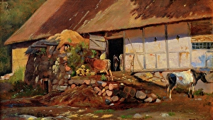 Timber Framed Prints: Outside the cowshed, 1847. Creator: Johan Thomas Lundbye