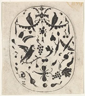 Visscher Prints: Oval Blackwork Print with Birds, Insects and Fruits, ca. 1620