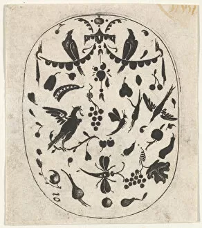 Dutch Golden Age Gallery: Oval Blackwork Print with Birds, Insects and Fruits, ca. 1620