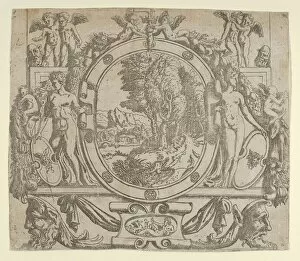 Oval landscape in an ornate frame, ca. 1542-45. ca. 1542-45. Creator: Anon