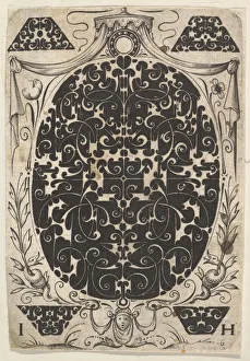 Oval Pendant Decorated with Schweifwerk, Surrounded by Smaller Motifs and Crowned b