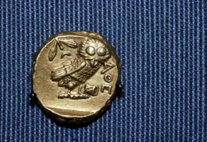 Stater Prints: Owl on a Greek Gold Stater struck by Lachares, 300BC-295BC