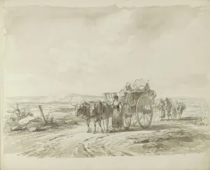 Ox cart and figures on a country road, 1800-1899. Creator: Anon