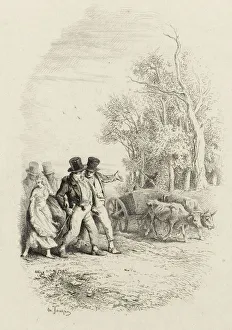 Etchingetching On Ivory Wove Paper Prints: The Oxcart, Illustration from Fables by Lachambaudie, 1851. Creator: Charles Emile Jacque