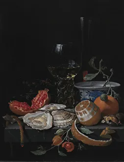 Oysters Prints: Oysters, Fruit and a Wineglass on a Stone Table, 1671-1679. Creator: Abraham Mignon