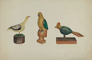 Muollo Prints: Pa. German Three Carved and Painted Birds, c. 1937. Creator: Victor F. Muollo