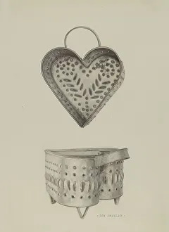 Heart Shape Prints: Pa. German Cottage Cheese Strainer, c. 1939. Creator: Don Cecilio