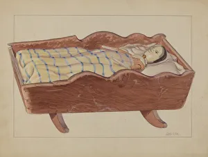 Fisk John Prints: Pa. German Cradle with Doll & Coverlet, 1935 / 1942. Creator: John Fisk