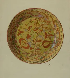 Pennsylvania German Prints: Pa. German Dish, 1938. Creator: Eugene Shellady