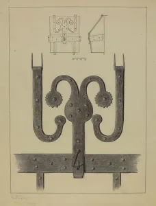 Pa German Prints: Pa. German Hinges and Hasp on a Conestoga Wagon Tool Box, c. 1937. Creator: Herman Bader
