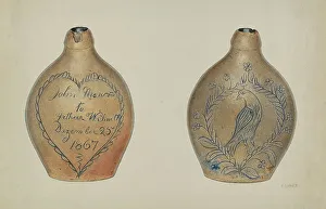 Pa German Prints: Pa. German Stoneware Flask, c. 1940. Creator: V. L. Vance