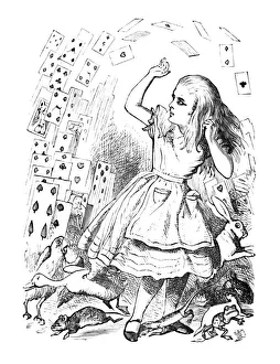 Nonsense Prints: A pack of cards flying up over Alice, 1889. Artist: John Tenniel