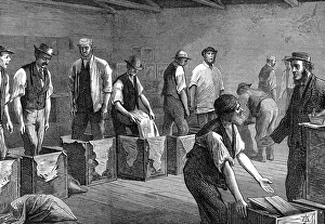 Packing tea in the warehouses of the East & West India Dock Company, London, 1874 Packing tea in the warehouses of the East & West India Dock Company, London, 1874