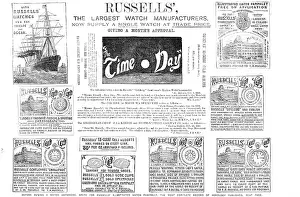 Timepiece Prints: Page of advertisements, 1883. Creator: Unknown