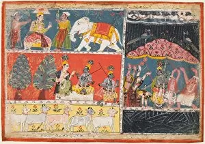 A page from the Bhagavata Purana: Indra sends a torrent of rain; Krishna lifts Mt